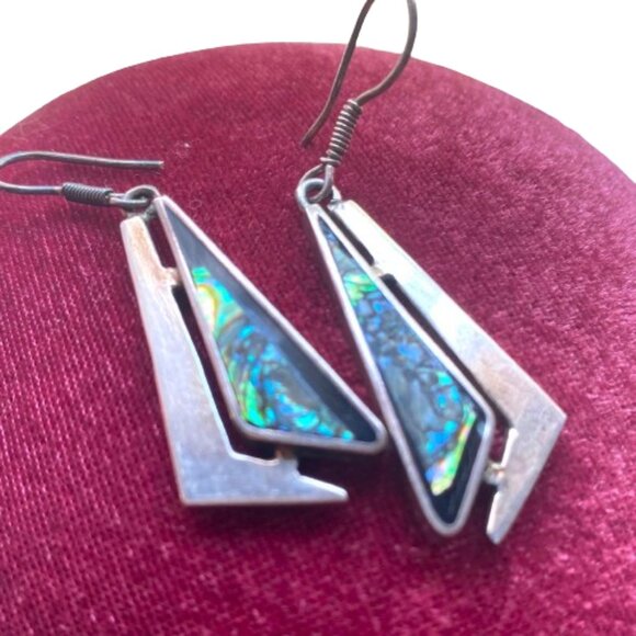 Vintage silver and abalone Mexican dangle earrings stamped 925 Mexico TC-209 - Picture 1 of 12